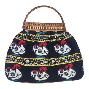 Vintage Portugal Rooster Canvas Tote Bag Wicker‎ Handle Folk Art Print